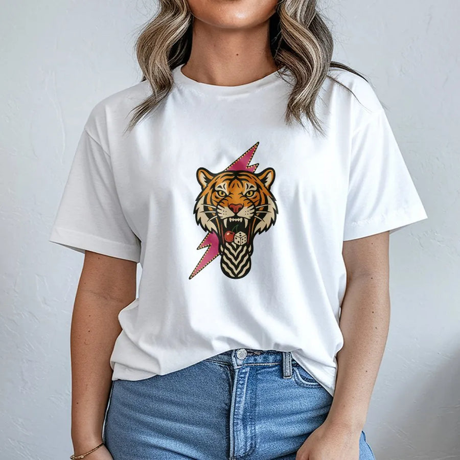 Tiger Graphic T-Shirt | Retro Boho Lightning Cherry Dice Design | 100% Premium Cotton Tee | Unisex Trendy Oversized Aesthetic Gift