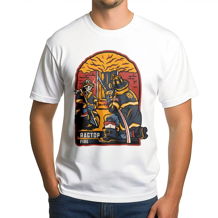 Ragtop Fire Graphic T-Shirt | Vintage Firefighter Skeleton Design | 100% Cotton Premium Tee | Unique Fire Rescue Appreciation Gift For Men Women