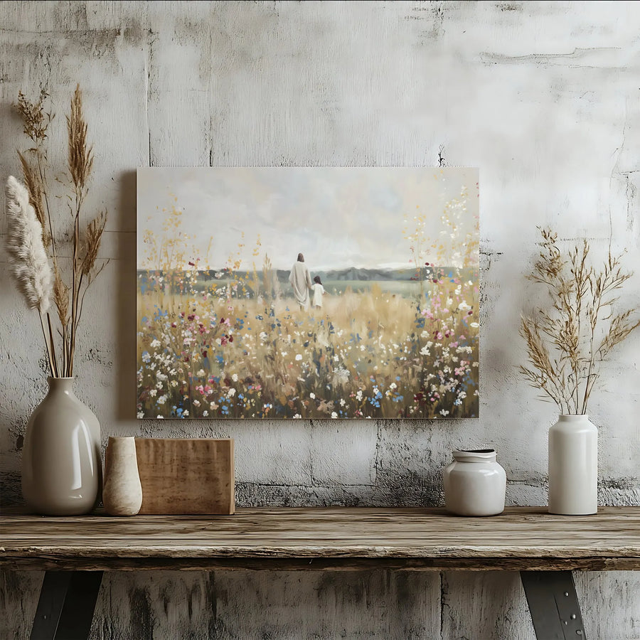 Jesus Walking With Child Canvas Print | Wildflower Meadow Religious Wall Art | Premium Fade-Resistant Gallery Wrap | Faithful Home Decor Gift