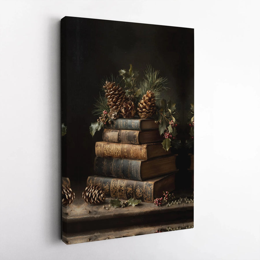 Vintage Book Stack Canvas Art | Rustic Pine Cone and Holly Still Life | Premium Fade-Resistant Print | Holiday Home Decor Gift