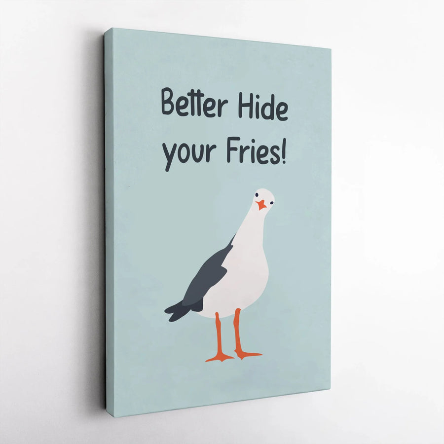 Funny Seagull Wall Art | Better Hide Your Fries Quote Print | Premium 1.25 Inch Thick Gallery Canvas | Beach House Decor Gift