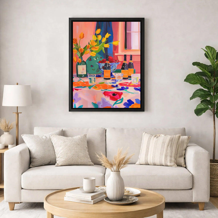 Colorful Still Life Canvas Print | Modern Tulip And Wine Art | Gallery-Quality Fade-Resistant Decor | Aesthetic Kitchen Dining Wall Art