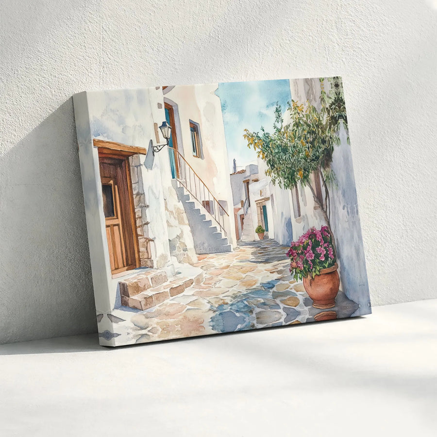 Mediterranean Alley Watercolor Horizontal Canvas | Greek Village Street Painting | Premium 1.25" Gallery Wrap Wall Art | Charming Housewarming Gift