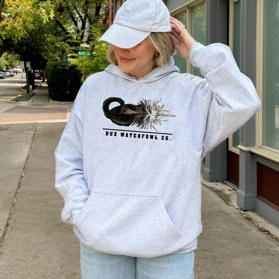 Dux Waterfowl Co. Mallard Feather Hoodie | Minimalist Duck Hunting Graphic | Cotton-Poly Blend Premium Apparel | Gift for Hunter & Outdoorsman