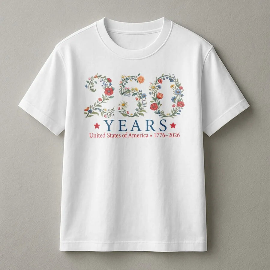 USA 250th Anniversary T-Shirt | Floral Botanical 1776-2026 Design | Premium Unisex Crewneck | Patriotic History Buff Gift