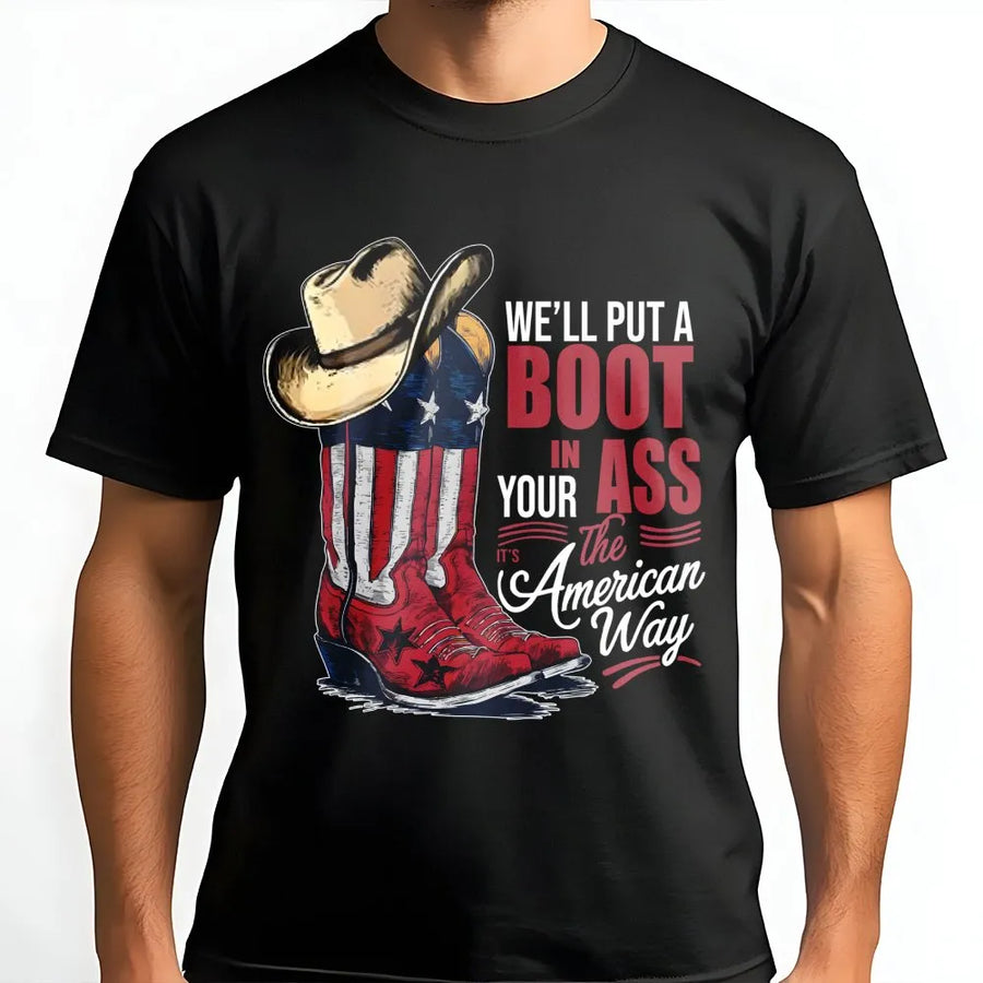 Patriotic Cowboy Boot T-Shirt | American Flag Western Graphic | Premium Cotton Country Pride | July 4th Gift For Men And Women