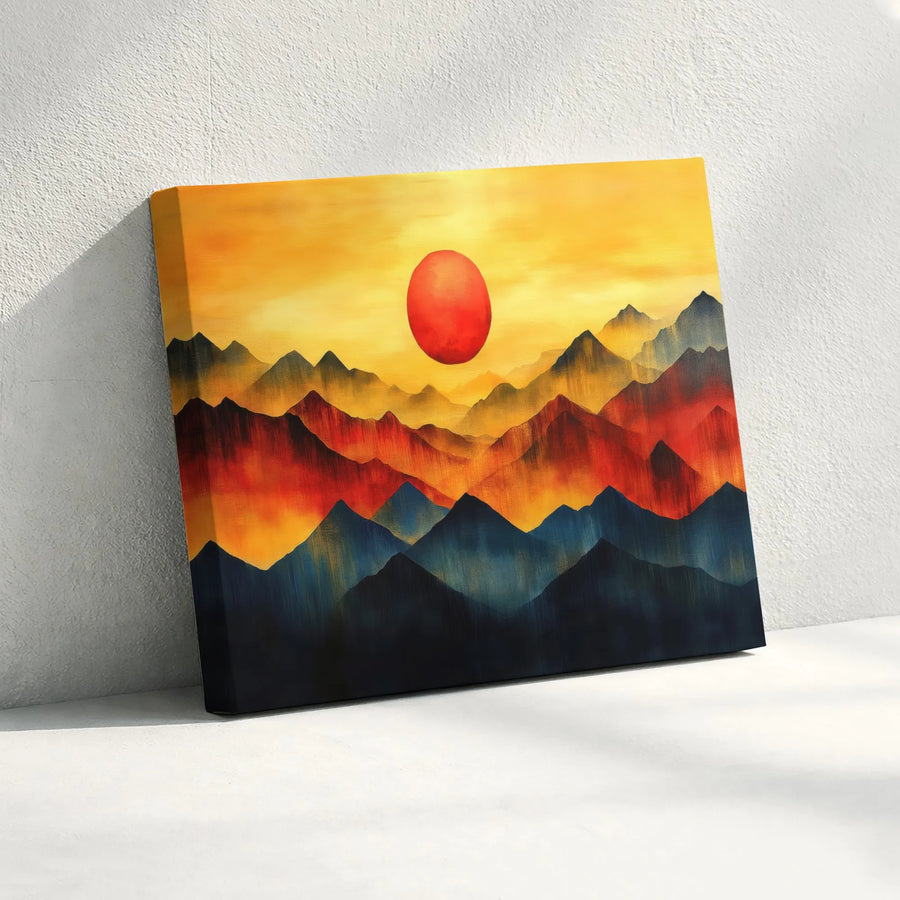 Abstract Mountain Wall Art | Japanese Inspired Red Sun Landscape | Premium Gallery Wrapped Canvas | Modern Living Room Decor Gift