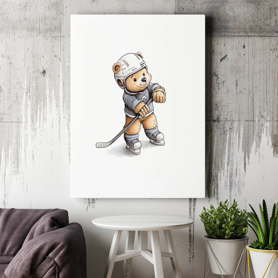 Hockey Teddy Bear Canvas Wall Art | Cute Cartoon Bear Illustration | Premium Gallery Wrapped Canvas | Nursery & Kids Room Decor Gift