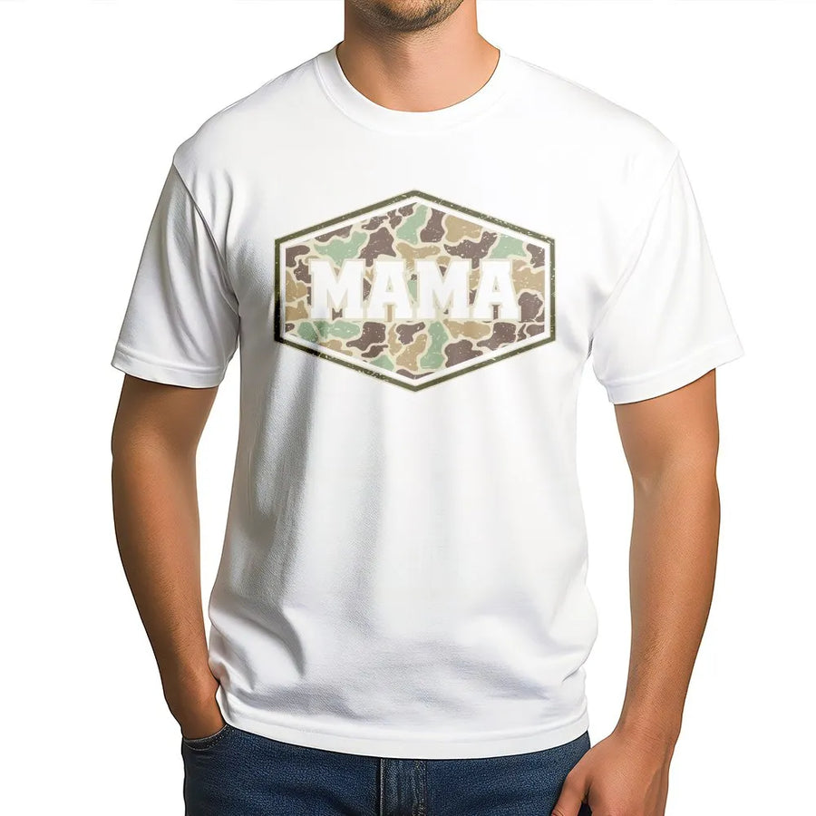 Camouflage Mama T-Shirt | Retro Varsity Lettering | 100% Soft Cotton | Hunting Mom Gift For Mothers Day