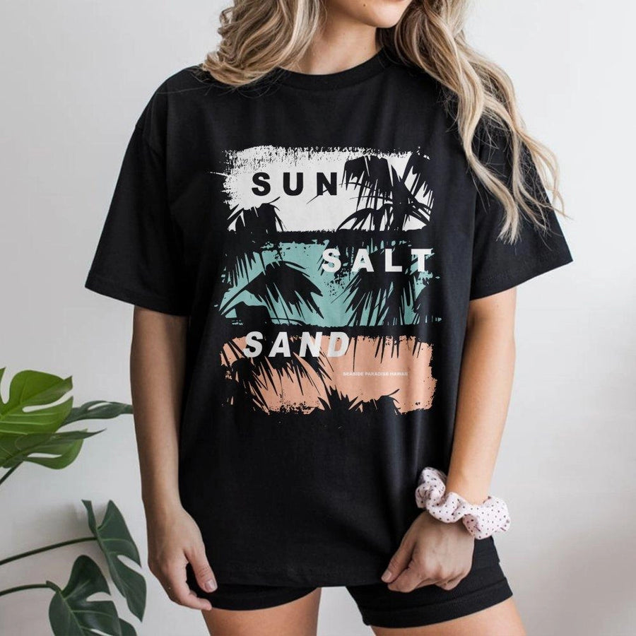 Sun Salt Sand T-Shirt | Tropical Palm Tree Graphic Print | Premium Soft Cotton Blend | Vacation Beach Gift for Hawaii Lovers