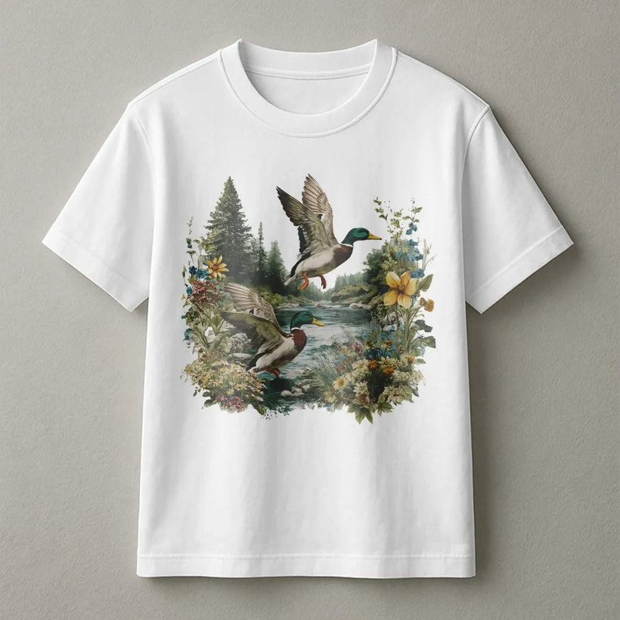 Mallard Duck T-Shirt | Vintage Nature Forest Scene | Premium Soft Cotton Graphic Tee | Bird Watcher Gift for Nature Lovers