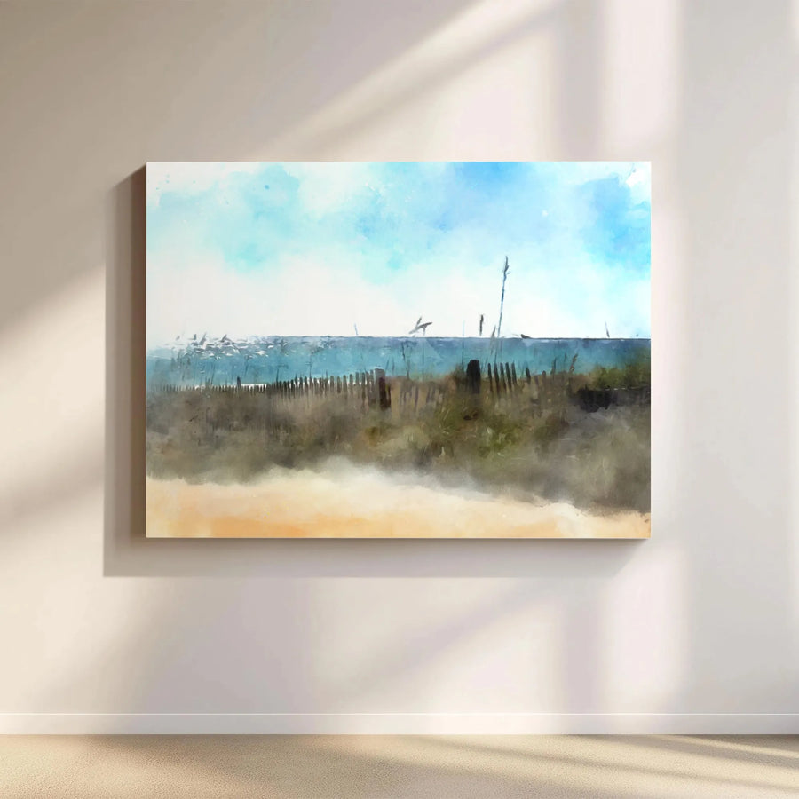 Coastal Beach Canvas Wall Art | Watercolor Sand Dunes and Ocean Fence | Premium 1.25-Inch Gallery Wrap | Serene Home Office Decor Gift