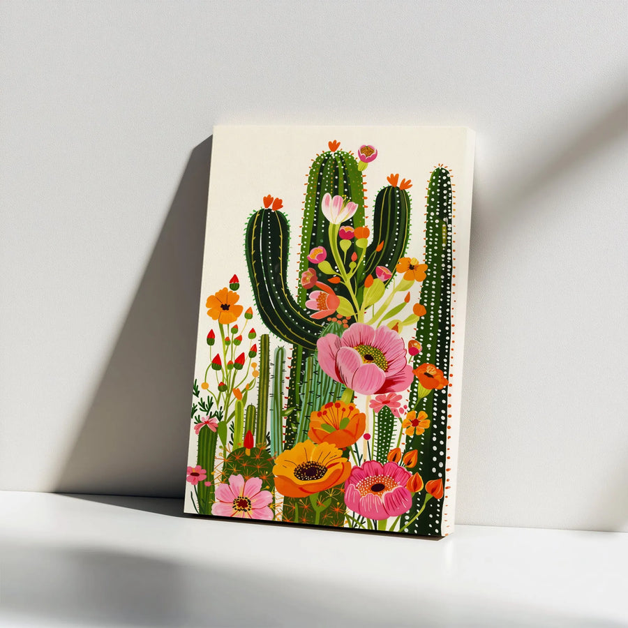 Cactus Flower Vertical Canvas | Vibrant Botanical Illustration | Premium Gallery Wrapped Canvas | Modern Boho Home Decor Gift