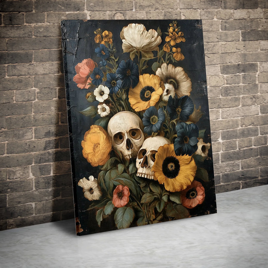 Gothic Floral Skull Canvas | Vintage Still Life Botanical Print | Premium Gallery Wrapped Canvas | Collector's Gift for Gothic Home Decor