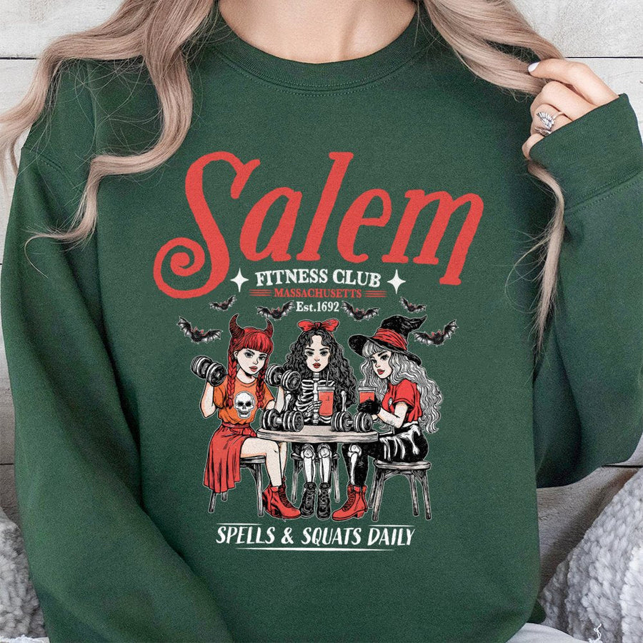 Salem Fitness Club Sweatshirt | Spells and Squats Daily Graphic | Vintage Witchy Gym Apparel | Funny Halloween Workout Gift for Women