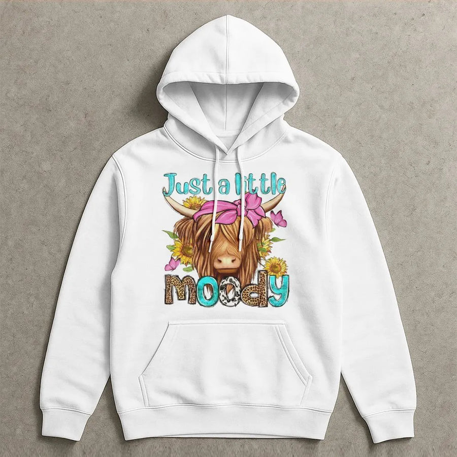 Just A Little Moody Highland Cow Hoodie | Floral Leopard Farmhouse Graphic | Premium Cotton Blend | Funny Country Western Gift For Her