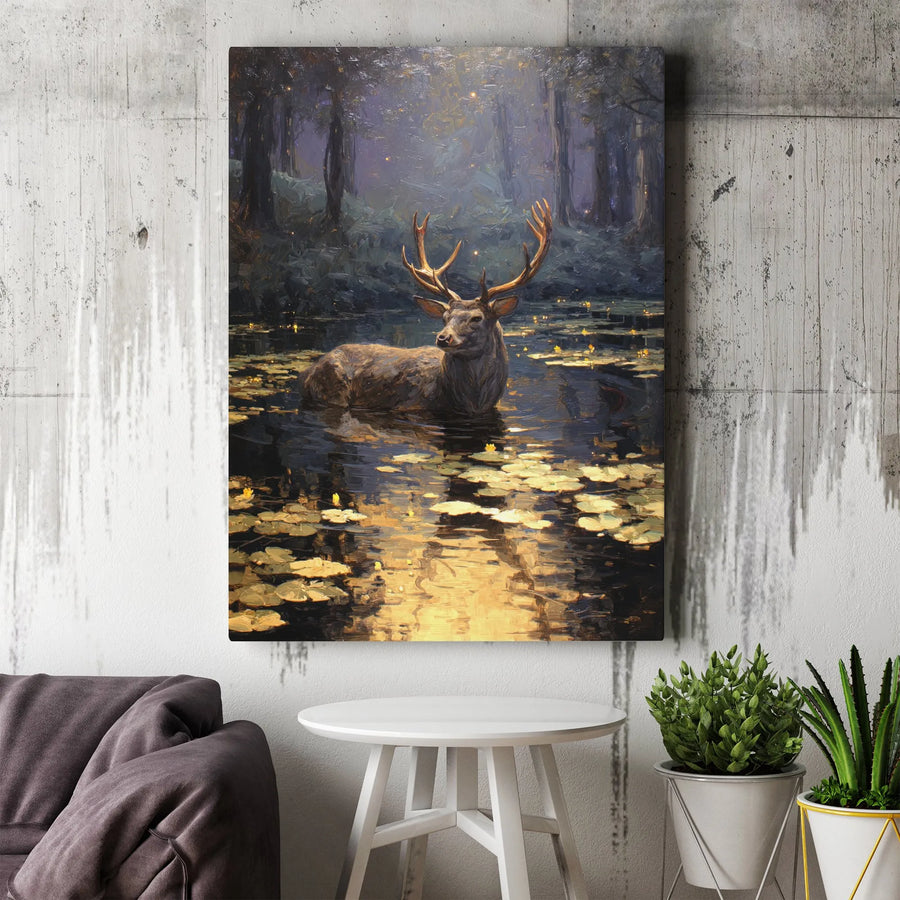 Majestic Deer Canvas Wall Art | Mystical Forest Pond Oil Painting Style | Premium Fade-Resistant 1.25 Inch Profile | Nature Lover Home Decor Gift