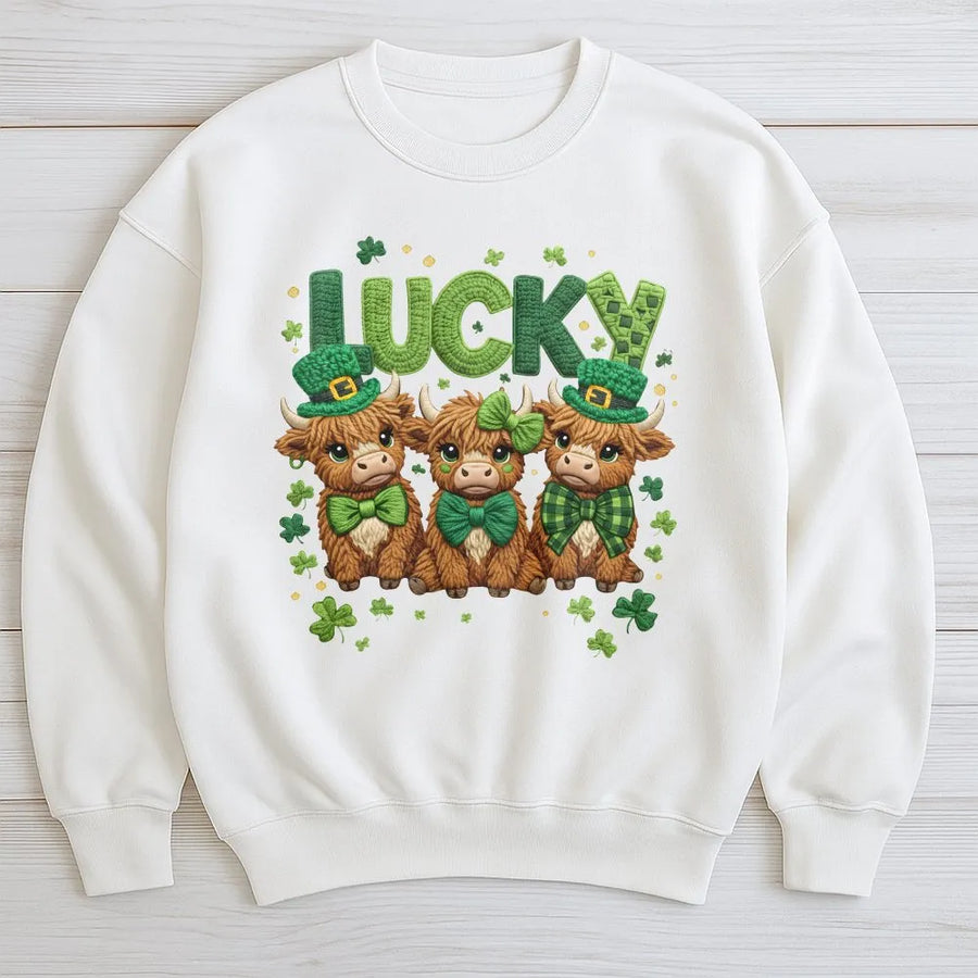 Lucky Highland Cow Sweatshirt | St. Patrick’s Day Irish Trio Graphic | Premium Cotton Blend | Gift for Animal Lovers & Holiday Fans