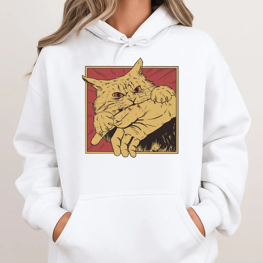 Angry Cat Biting Hand Hoodie | Retro Horror Graphic Pullover | Premium Cotton Blend Sweatshirt | Unique Gift for Cat Lovers & Edgy Fashion