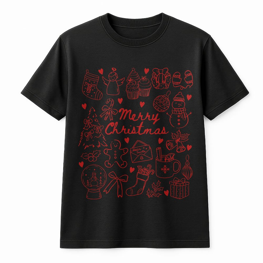 Merry Christmas Doodles T-Shirt | Festive Holiday Coquette Bow Graphic | Premium Soft Cotton Tee | Cute Christmas Gift For Women & Family