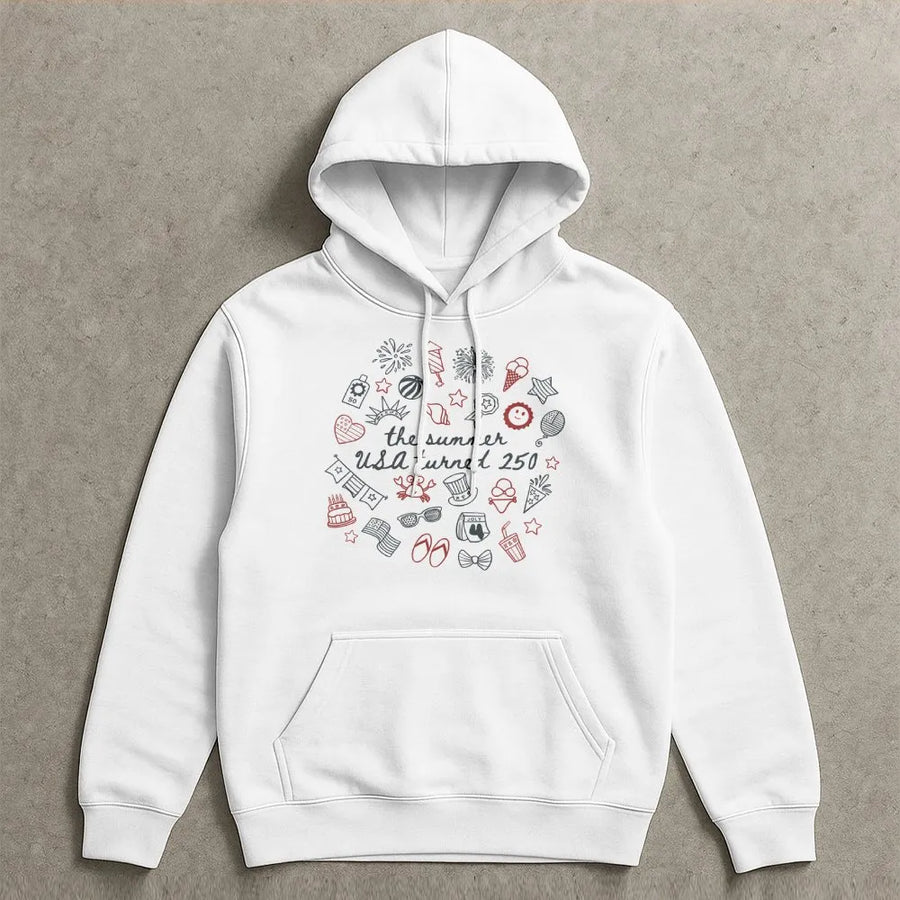USA 250th Anniversary Hoodie | Retro Summer Doodle Graphic | Soft Cotton Blend | Patriotic Semiquincentennial Commemorative Gift