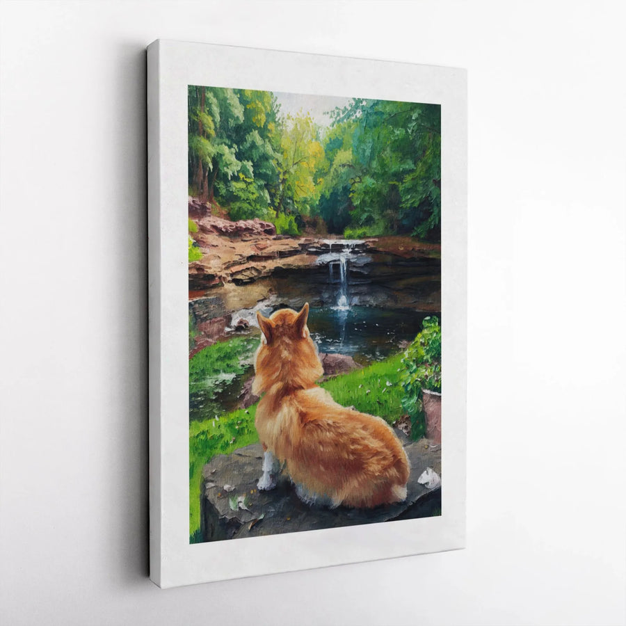 Corgi Wall Art Canvas | Serene Forest Waterfall Oil Painting Print | Gallery Wrapped Premium Decor | Gift for Dog Lovers & Nature Enthusiasts