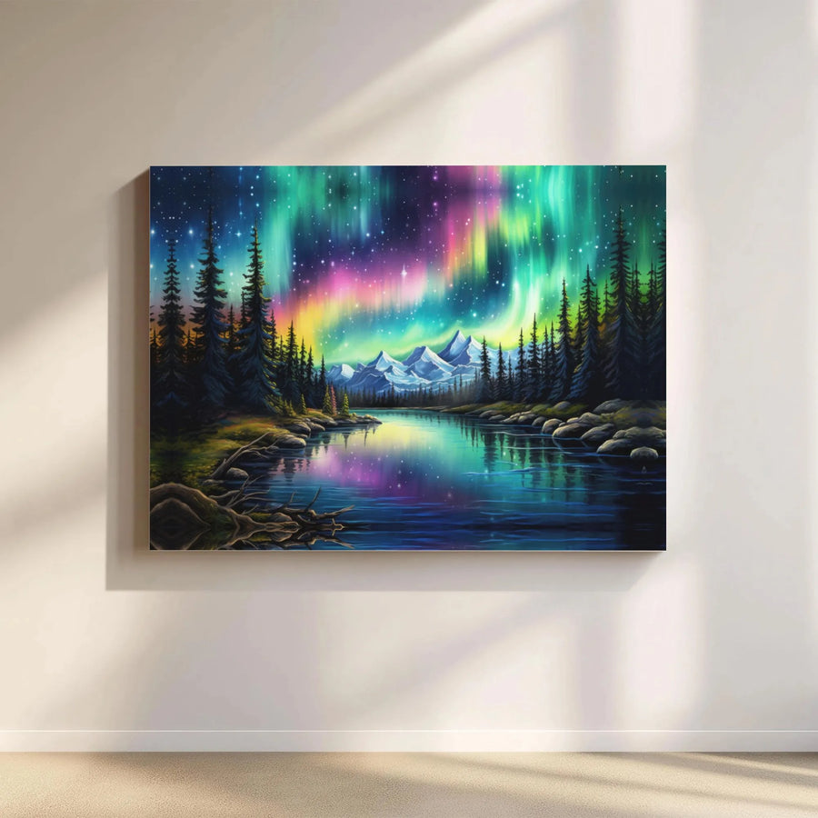 Aurora Borealis Canvas Wall Art | Northern Lights Mountain Lake Print | 1.25 Inch Premium Gallery Wrap | Nature Home Decor Gift for Nature Lovers