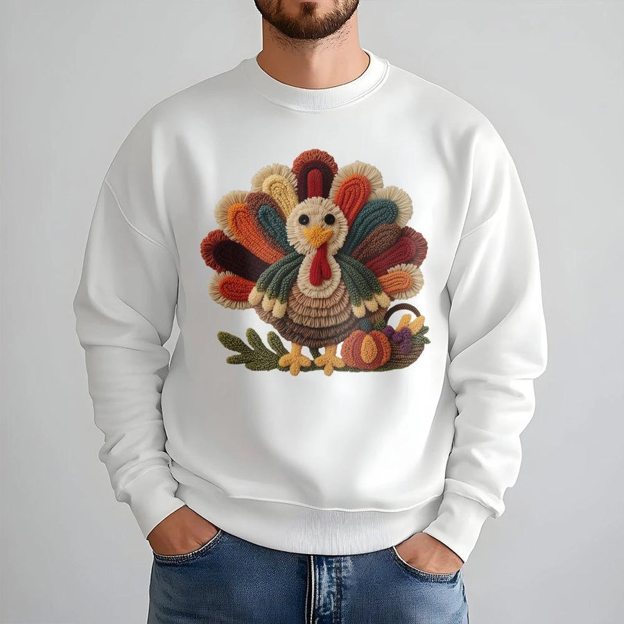 Thanksgiving Turkey Sweatshirt | Textured Yarn Look Graphic | Premium Cotton Blend | Cozy Fall Apparel Gift for Men and Women