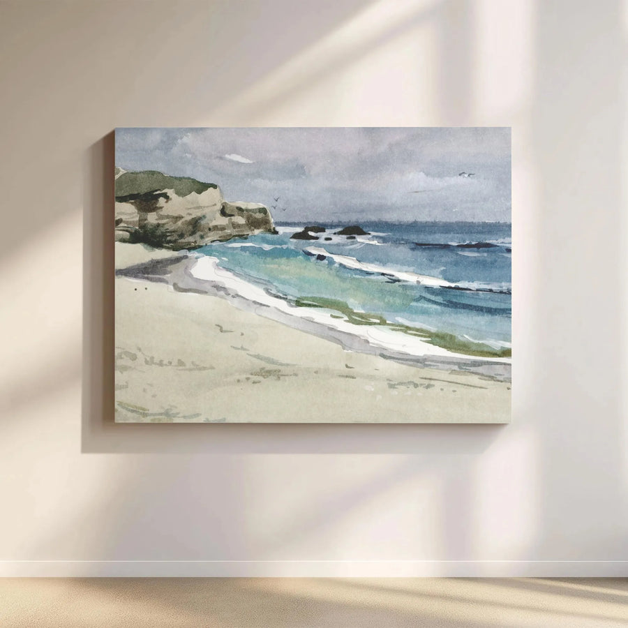 Coastal Seascape Canvas Wall Art | Watercolor Beach Painting Print | Gallery Quality Canvas Decor | Nautical Living Room Decor Gift