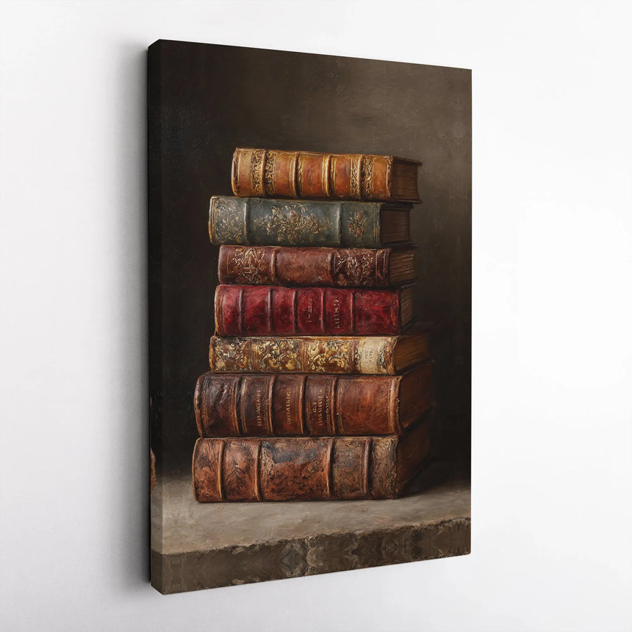 Vintage Books Canvas Print | Stacked Antique Leather Books Art | Premium Gallery Wrap Canvas | Dark Academia Decor Gift for Book Lover