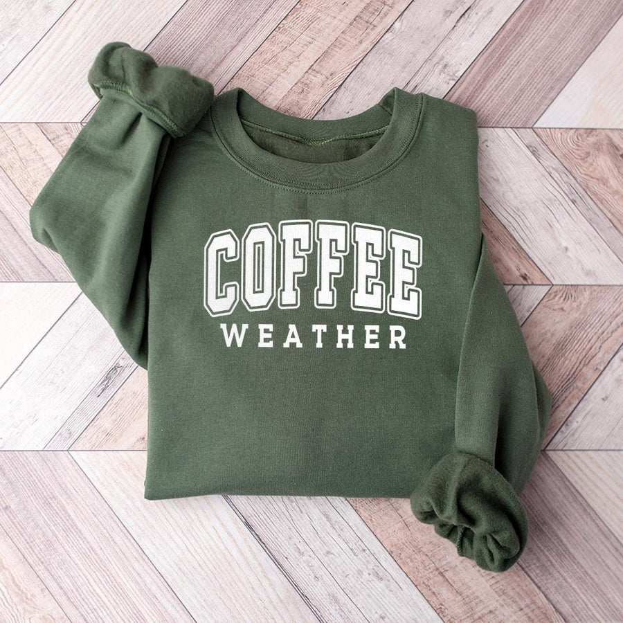 Coffee Weather Sweatshirt | Varsity Lettering Graphic Print | Premium Cotton Blend | Cozy Fall Apparel Gift for Coffee Lovers