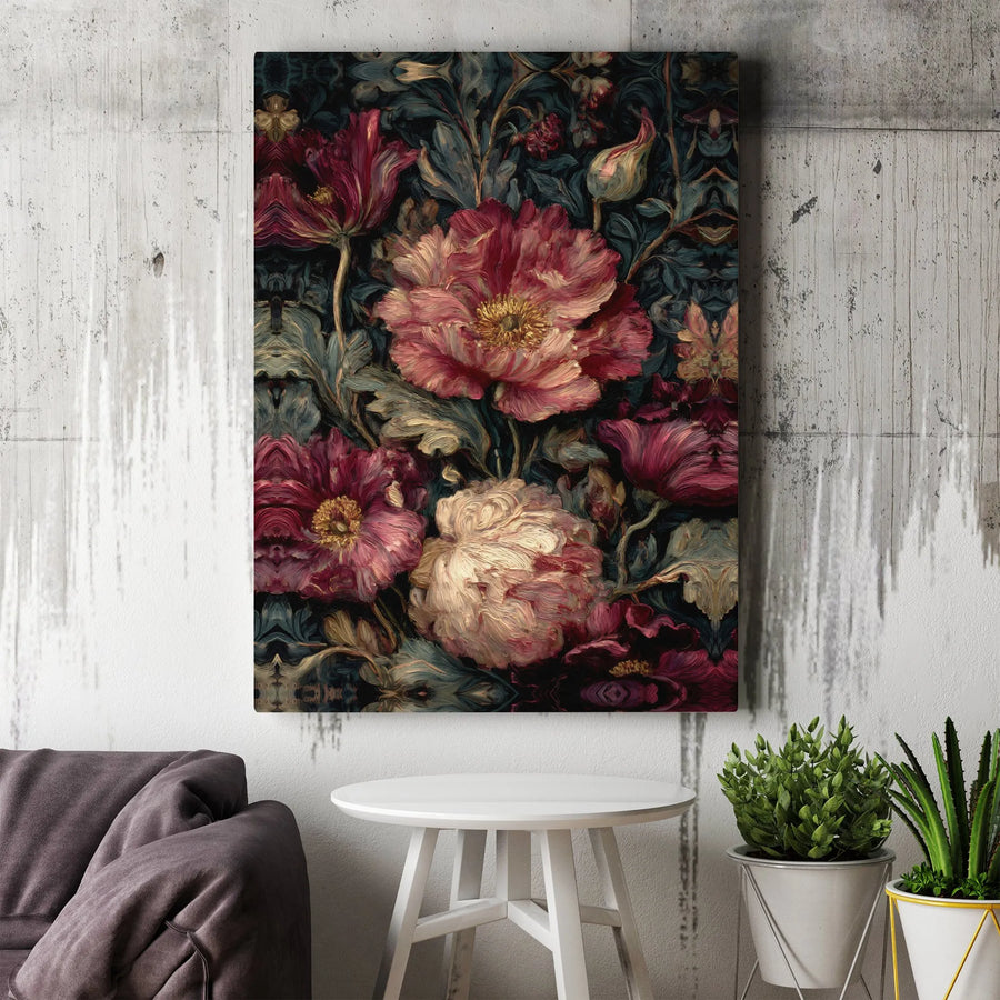 Moody Floral Canvas Print | Vintage Peony Botanical Painting | Premium Gallery Wall Art | Dark Academia & Gothic Home Decor Gift