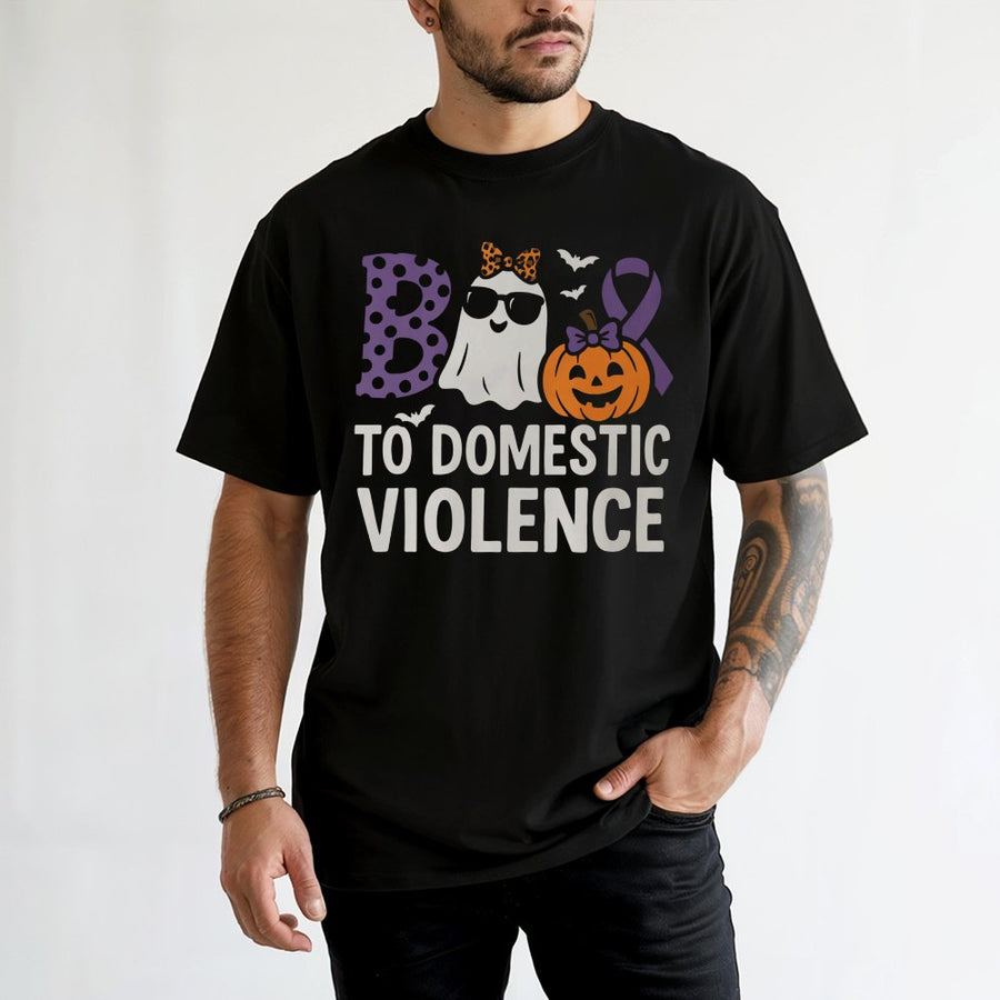 Boo To Domestic Violence T-Shirt | Halloween Purple Ribbon Awareness Design | Premium 100% Cotton Unisex Tee | Fall Graphic Gift For Advocates