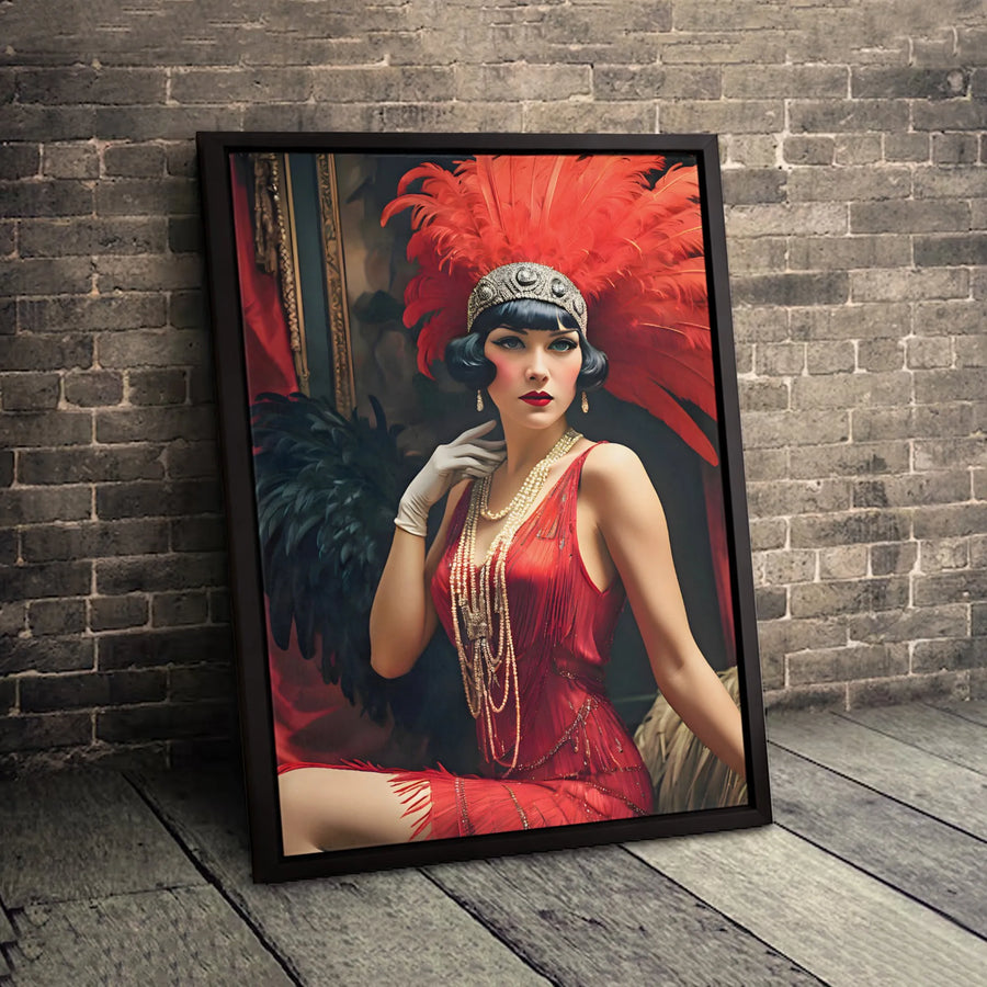 Art Deco Flapper Canvas Print | Roaring 20s Red Feather Glamour | Gallery Quality 1.25 Inch Profile | Elegant Vintage Wall Art Decor