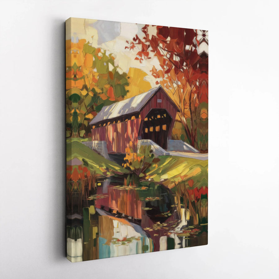Covered Bridge Autumn Landscape Canvas Print | Impressionist Fall Foliage Wall Art | Premium Fade-Resistant Gallery Wrap | Rustic Home Decor Gift