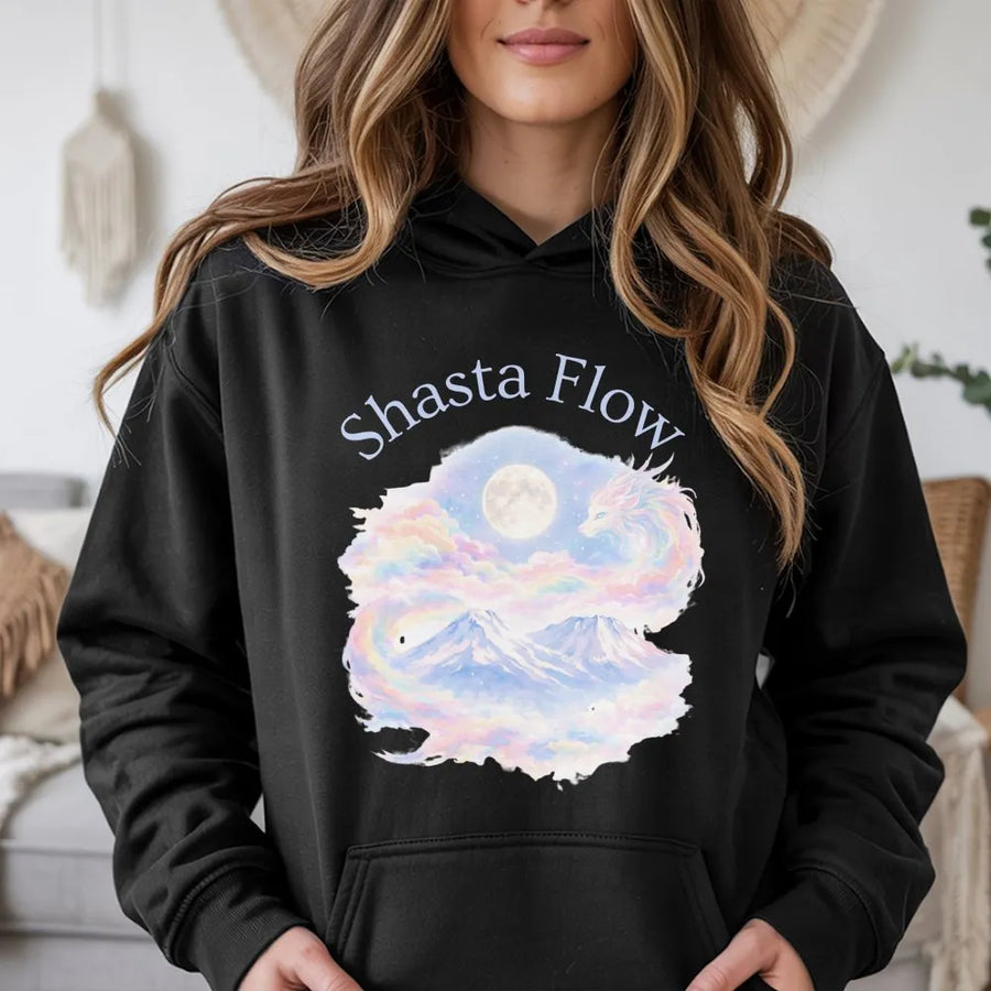 Shasta Mountain Dragon Hoodie | Pastel Fantasy Moon Graphic | Premium Cotton Blend | Unisex Artistic Gift for Nature Lovers