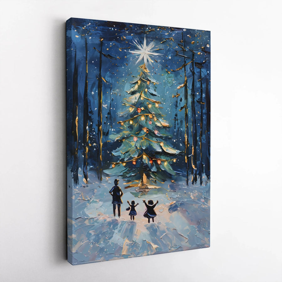 Christmas Tree Wall Art | Snowy Forest Family Oil Painting Style | Premium Gallery Wrapped Canvas | Festive Holiday Home Decor Gift