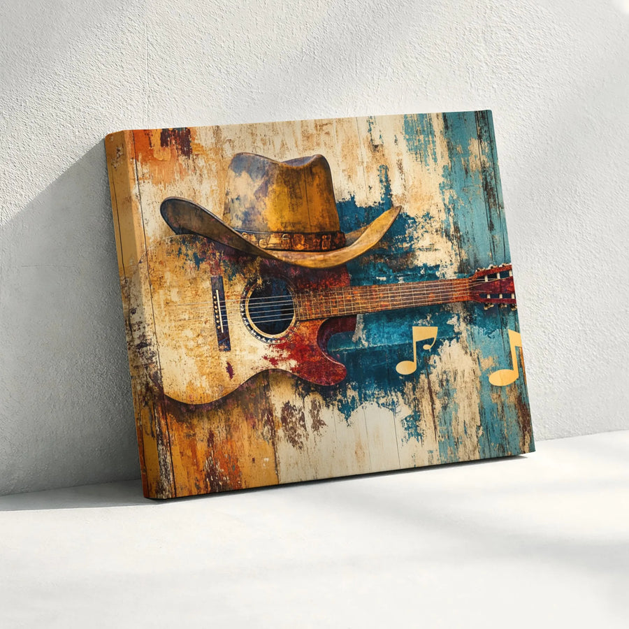 Rustic Country Music Wall Art | Cowboy Hat on Acoustic Guitar Print | Premium Gallery Wrapped Canvas | Western Home Decor Gift for Guitarist