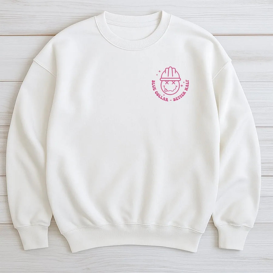 Blue Collar Wife Graphic Sweatshirt | Hard Hat Smiley Face Design | Premium Cotton Shirt | Gift for Tradesman's Better Half