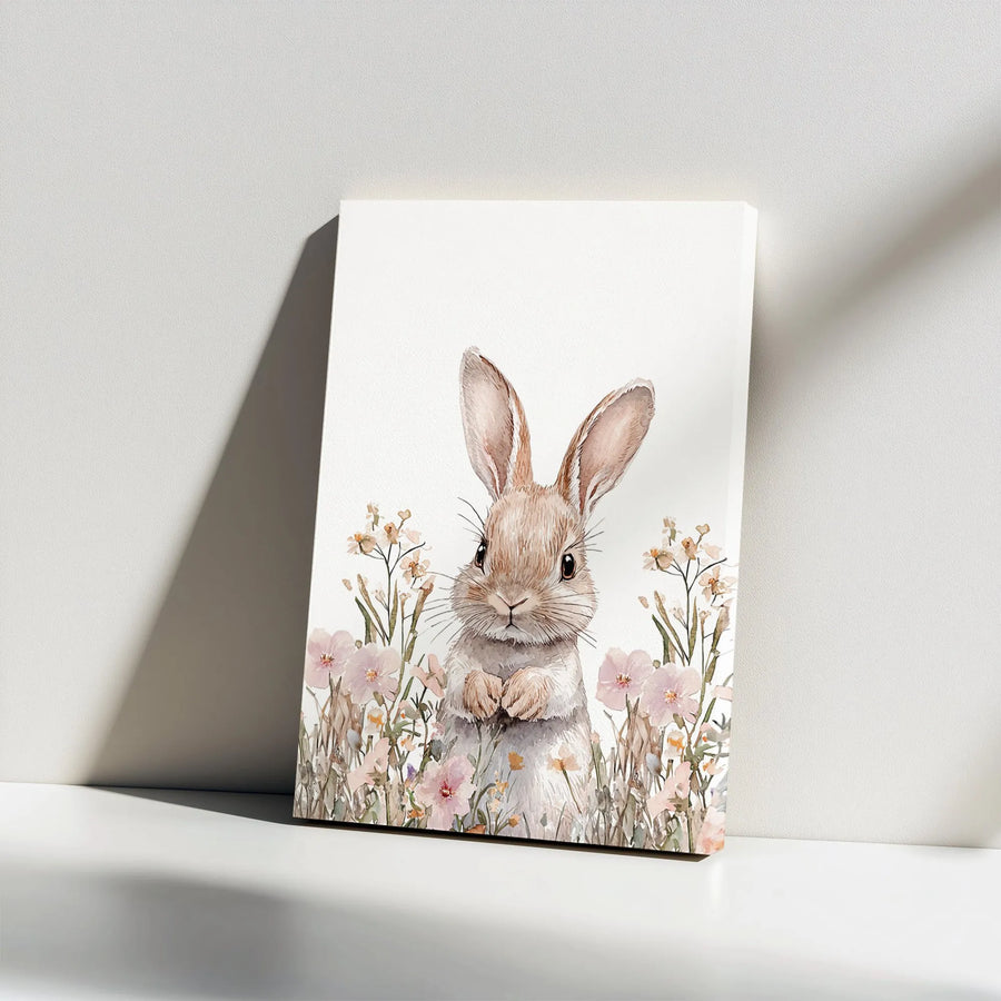 Watercolor Bunny Canvas Print | Cute Rabbit Wall Art with Pink Wildflowers | Premium Gallery Wrap Decor | Nursery & Spring Home Decor Gift