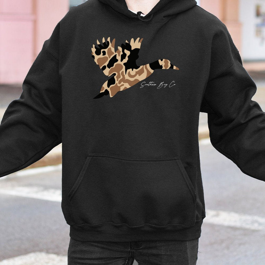Camo Duck Hoodie | Flying Mallard Silhouette in Woodland Camouflage | Premium Cotton-Poly Blend | Country Life Apparel for Men and Women