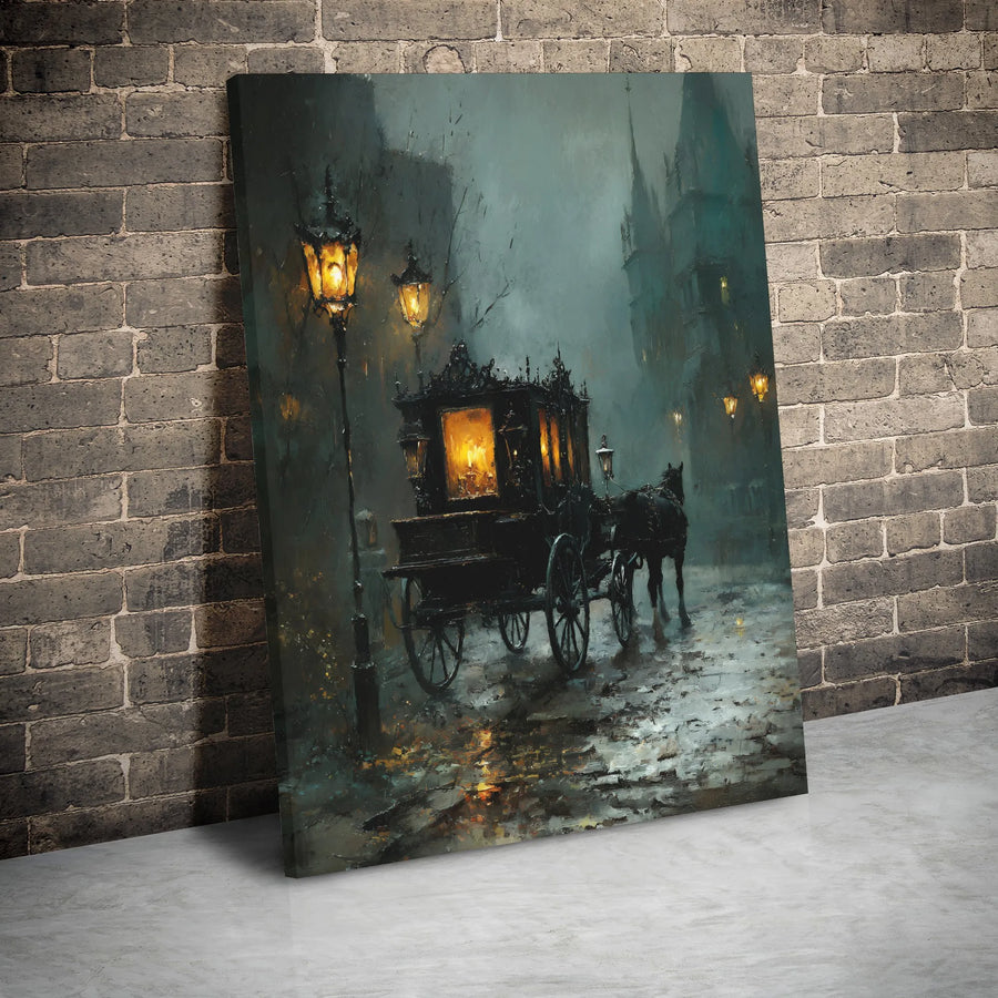 Victorian Horse-Drawn Carriage Canvas Print | Rainy Night Gothic Street Wall Art | Premium Gallery-Wrapped Decor | Moody Aesthetic Gift for Home