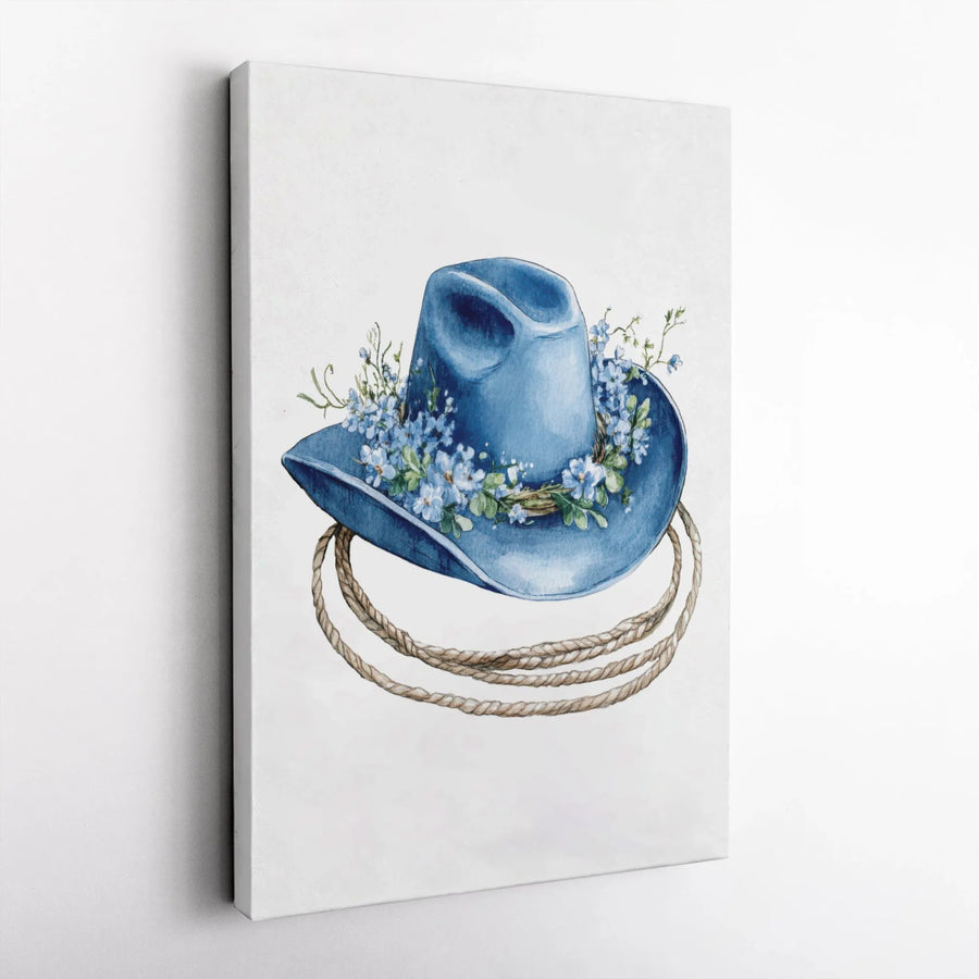 Western Cowboy Hat Canvas Print | Floral Blue Boho Cowgirl Art | Premium Fade-Resistant Gallery Wall Decor | Country Chic Home Gift