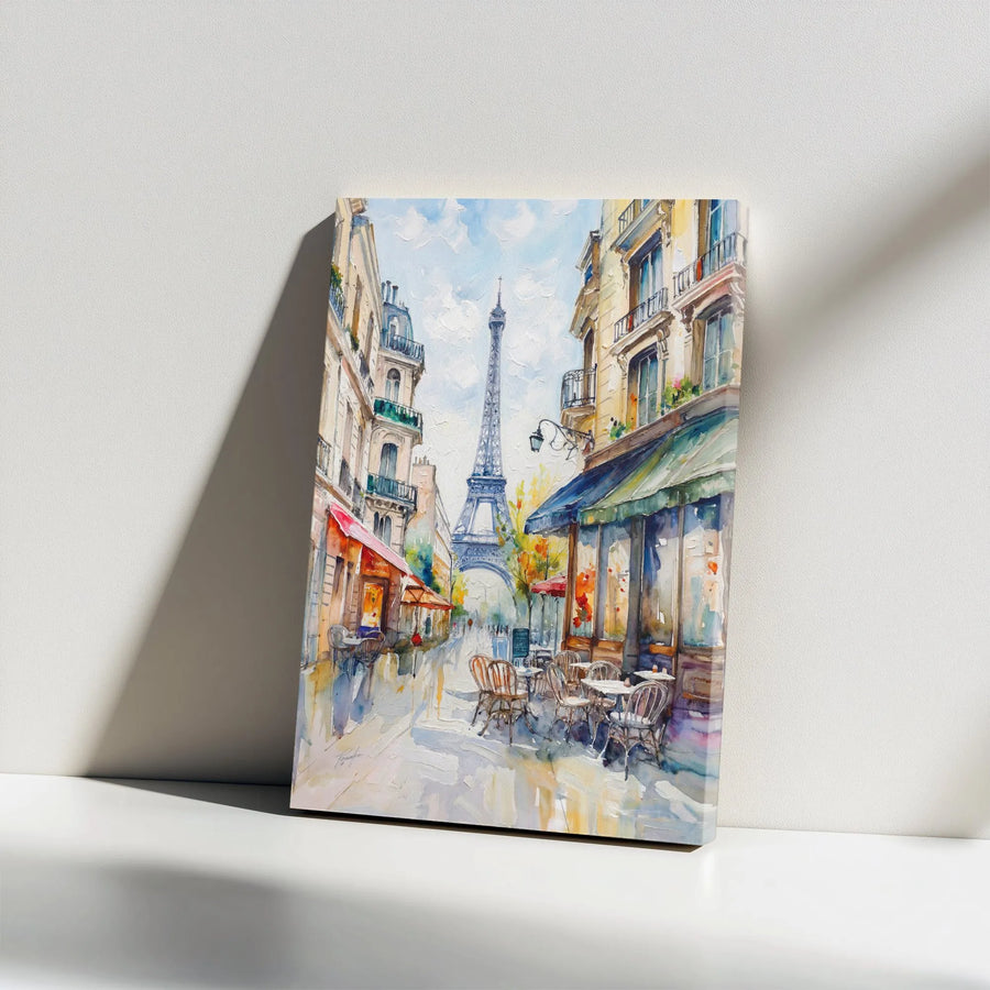 Paris Eiffel Tower Canvas Wall Art | Watercolor Paris Cafe Scene with Textured Print Effect | Premium Gallery Wrap Canvas | Romantic French Home Decor Gift