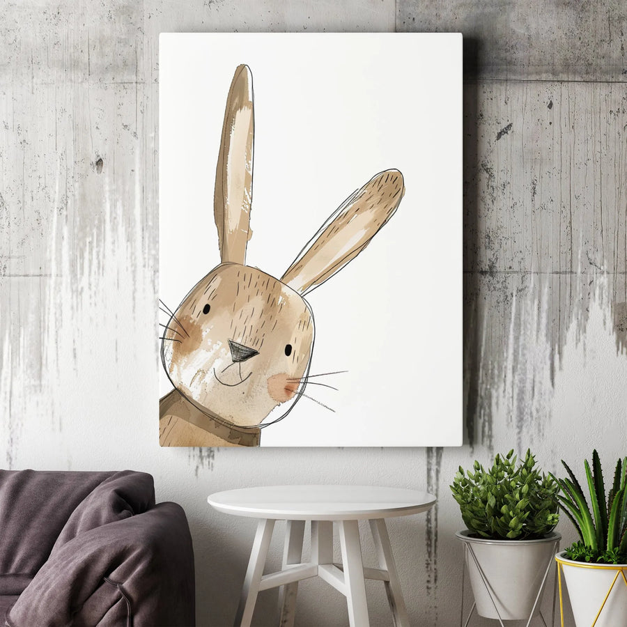 Cute Brown Bunny Rabbit Wall Art | Watercolor Sketch Animal Portrait | Premium Gallery-Wrapped Canvas | Nursery Decor Gift for Kids