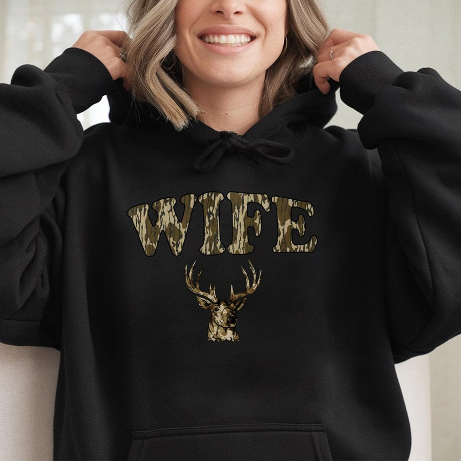 Wife Hunting Hoodie | Deer Antler Camo Print Graphic | Soft Cotton-Polyester Blend | Outdoor Enthusiast Gift for Her