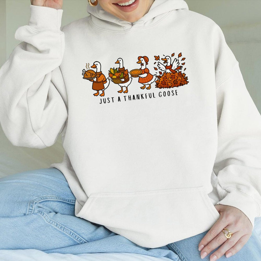 Just A Thankful Goose Hoodie | Funny Thanksgiving Cartoon Graphic | Premium Cotton Blend | Unisex Fall Gift For Bird Lovers