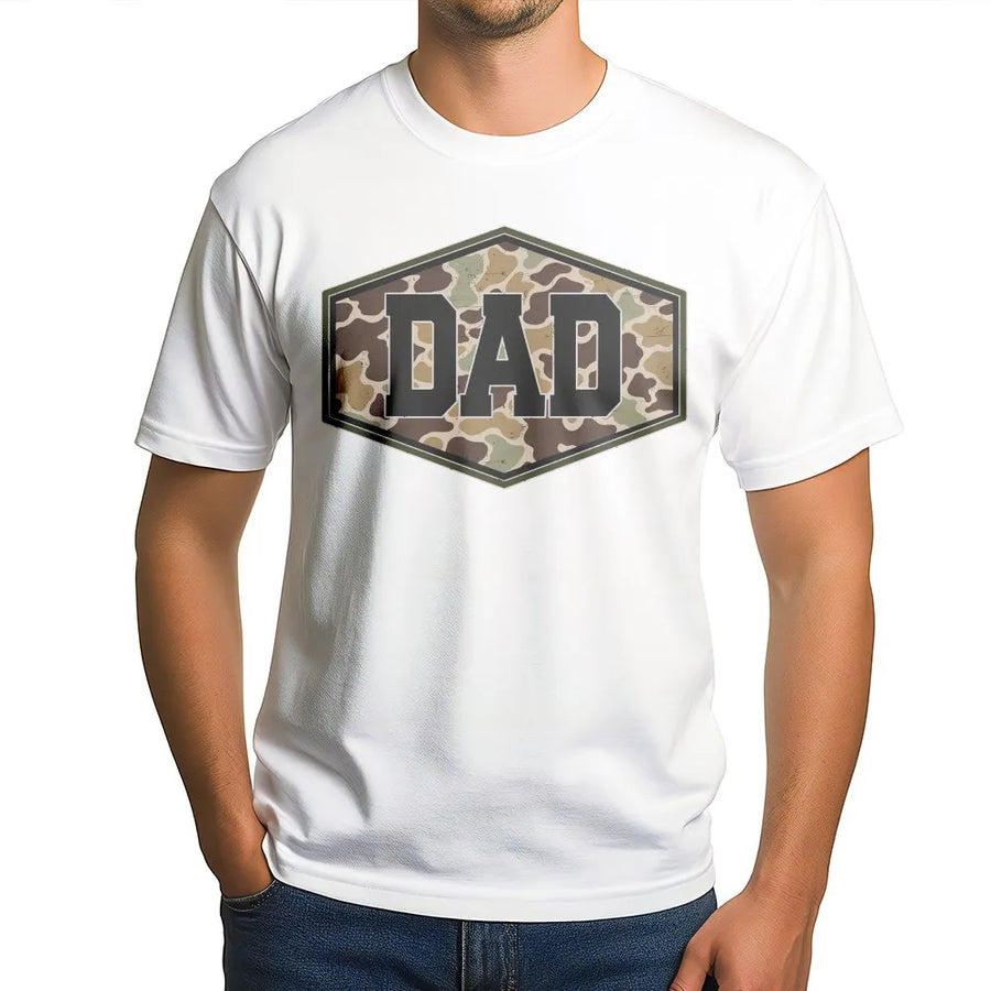 Camo Dad T-Shirt | Distressed Varsity Camouflage Graphic | Premium Cotton Tee | Fathers Day Gift for Hunter Dad