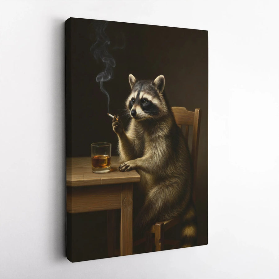 Raccoon Smoking Canvas Wall Art | Funny Animal Painting Portrait | Premium Thick Gallery Wrap | Unique Man Cave Decor & Bar Gift
