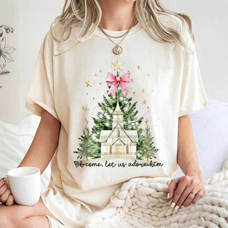 Oh Come Let Us Adore Him T-Shirt | Watercolor Christmas Tree & Church Design | Premium Cotton | Faith-Based Holiday Gift for Women